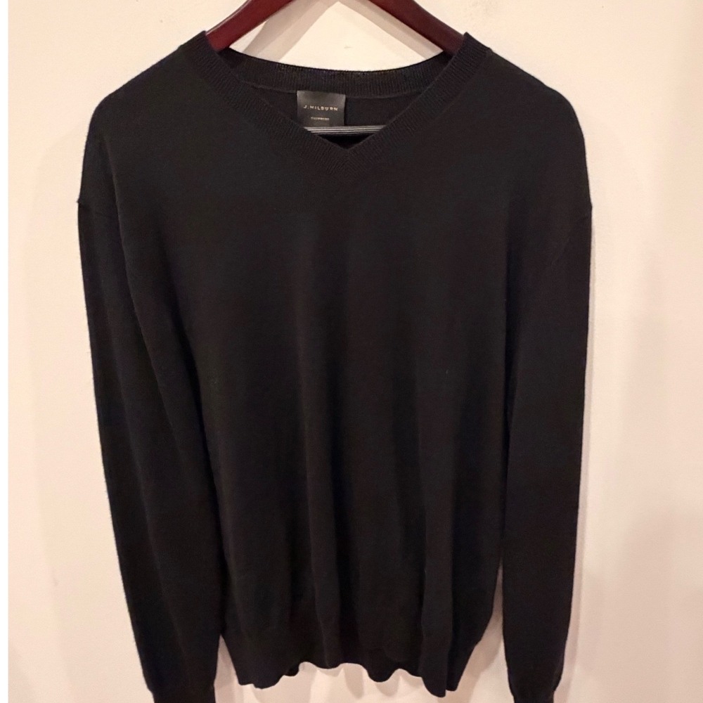 J. Hilburn Mens Black 100% Cashmere V-Neck Sweater Size L Classic Knit Pullover